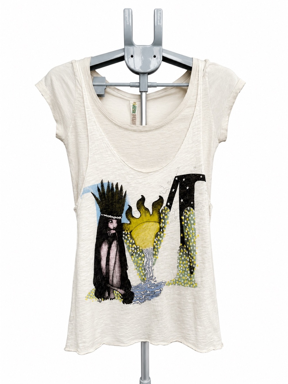 Rare Cream Graphic Tee Layered Tank Over Baby Tee Fitted Festival Indie Size S